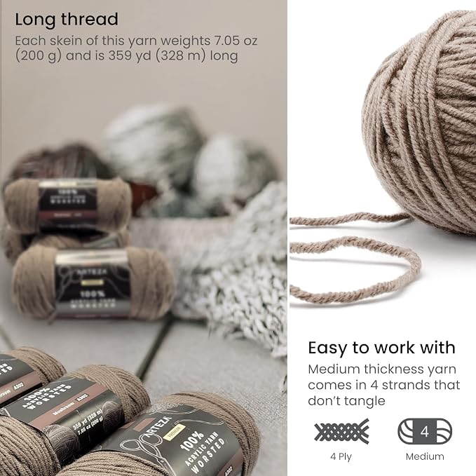 ARTEZA Acrylic Yarn for Crocheting, 4 x 200-g Skeins of Worsted Yarn for Knitting, Mushroom A302, Knitting & Crochet Supplies - Image 3