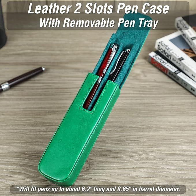 Top Grain Genuine Leather 2 Pen/Pencil Tray Case Holder, Minimalist Fashion Design, Handmade, Magnetic Closing with Drawer Design, Gift Choice for Man/Woman/Office, Glossy Green, 2 Slots - Image 3