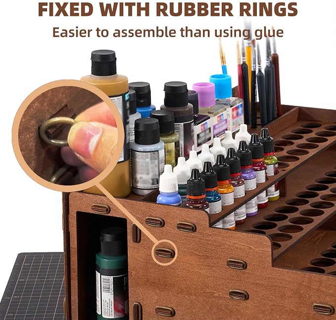 Wooden Paint Organizer 98 Holes Rack for Miniature Paints & Brushes | Fits 17/18ml Miniature Paint Set with 1.02" Dia Holes for Popular Hobby Paint Storage, 1 Drawer, 25 Brush Holes & 24 Slots - Image 5