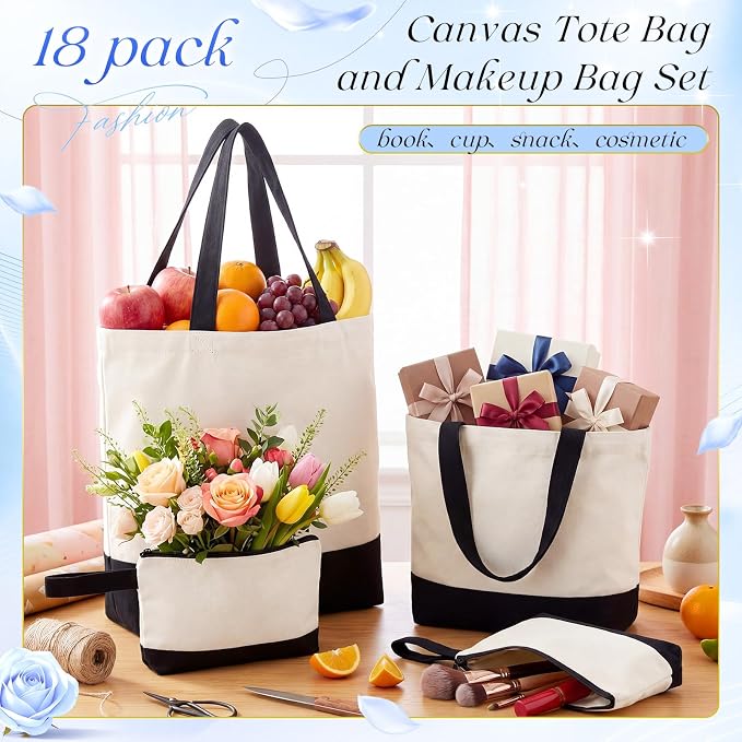 Paterr 18 Pcs Blank Canvas Tote Bags Bulk and Makeup Bag Pouches Set for Women Gift DIY Sublimation School Travel Supplies - Image 5