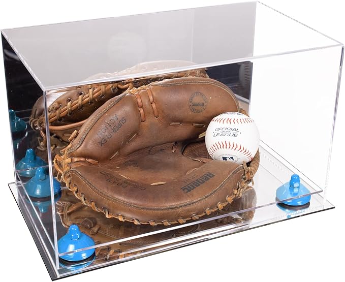 Better Display Cases Acrylic Catchers Glove Display Case with Mirror, Light Blue Risers and Mirror Base (A011/V16)