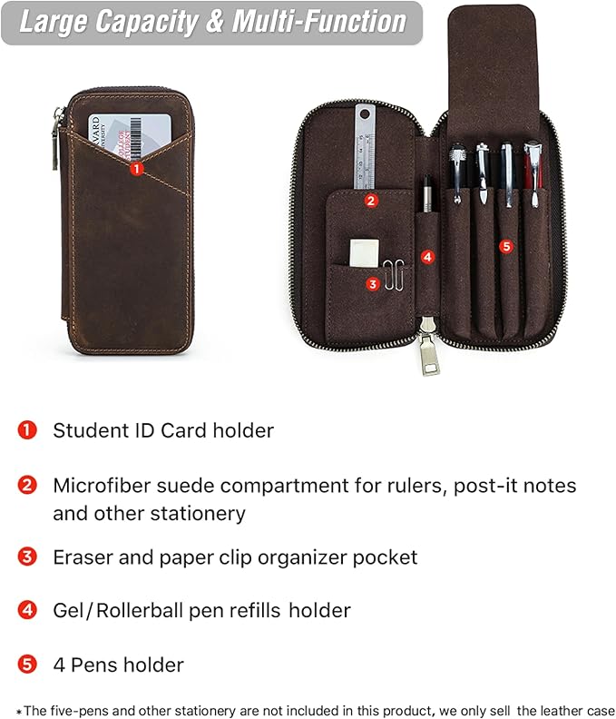 Top Grain Genuine Leather 4 Fountain Pen/Pencil Case Pouch, Handmade Minimalist Design, Zipper Closure with Multi-Function & Slots, Gift Choice for Man/Woman/Office, Matte Coffee, 4 Slots - Image 5