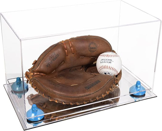 Better Display Cases Clear Acrylic Catchers Glove Display Case with Light Blue Risers and Mirror Base (A011/V16)