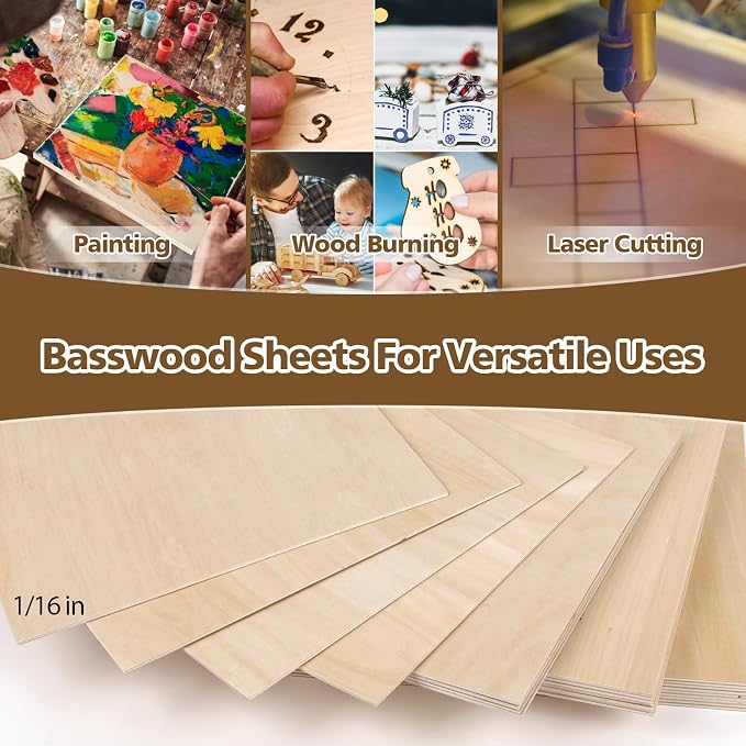 Adrattnay 24Pcs Basswood Sheets 1/16 x 12 x 12 inch - 1.5mm Basswood Sheets | Square Plywood Sheets Unfinished Wood Board for DIY Crafts, Laser Cutting, Wood Burning, Painting, Model Carving - Image 4