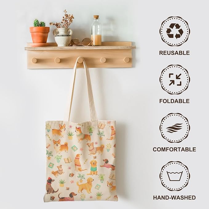 Printed Canvas Tote Bag Zipper Pocket & Magnetic Snap, Dog B | Versatile Hand Shoulder Carry, 15x16 Inch Large Large Capacity, for Work, Travel, Shopping - Image 6