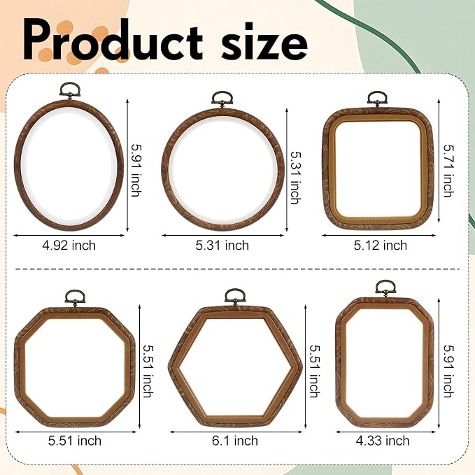 Qunclay 6 Pcs Large Embroidery Hoop Frame Decorative Imitated Wood Display Frame Circle Oval Octagonal Cross Stitch Hoop Ring for DIY Sewing Craft and Hanging Ornaments Decor (Original) - Image 2