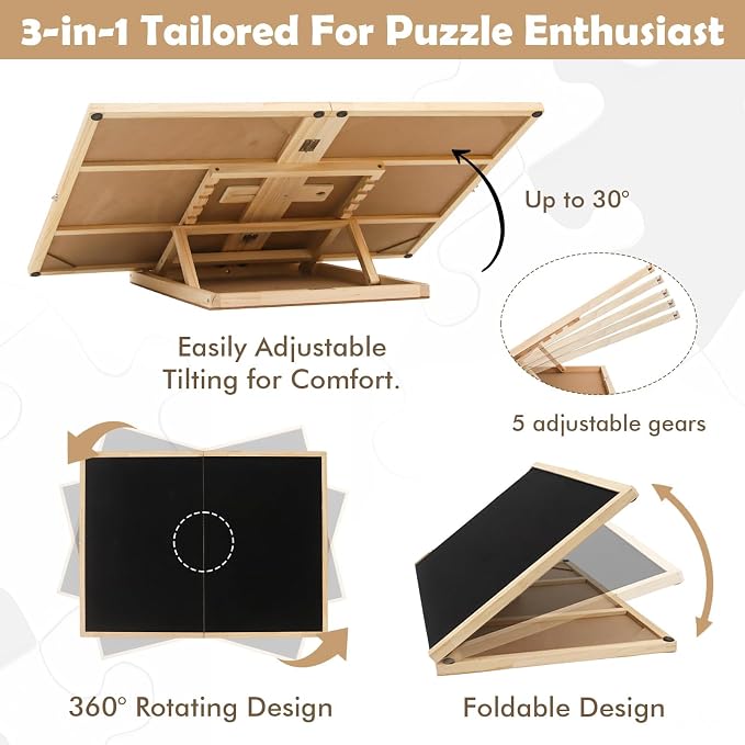 Puzzle Board, Tilting & Rotating Wooden Jigsaw Puzzle Table 1500 Pieces with 4 Non-Woven Drawers, 36"×26" Portable Puzzle Board Foldable with Upgraded Lazy Susan for Adults & Kids, Gift for Mum - Image 4