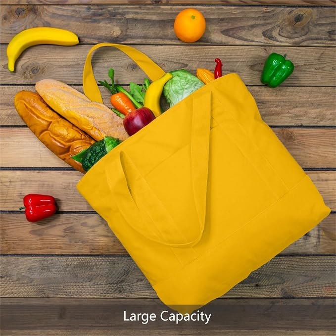 TOPDesign 1-Pack Canvas Tote Bags with an External Pocket, Reusable Grocery Shopping Bags, Top Zipper Closure, Daily Essentials (Yellow) - Image 3