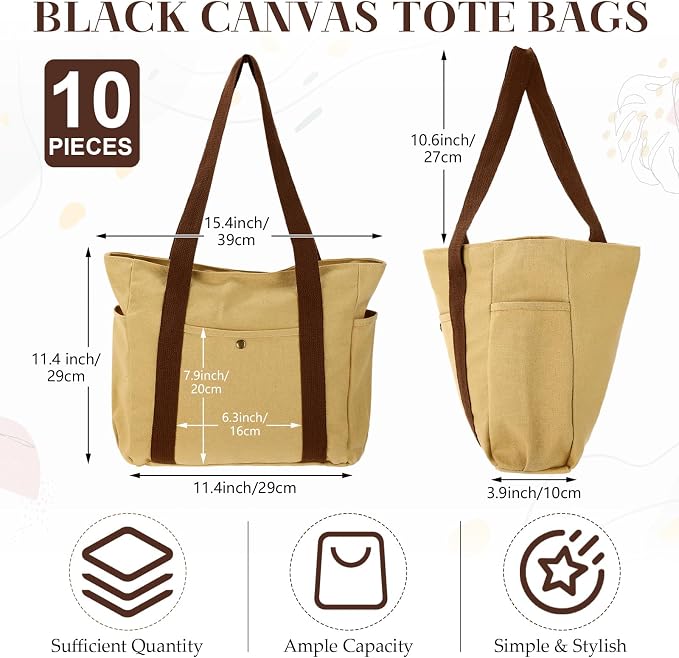 Sadnyy Khaki 10 Pcs Canvas Tote Bags for Women Reusable Shoulder Tote Bags with Zipper Shopping Grocery Handbag for Work Travel - Image 4