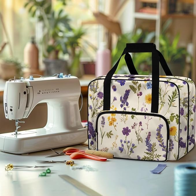 Floral Sewing Machine Carrying Cases Beige Carrying Travel Storage with Storage Pocket Sewing Machine Accessory Organizer Lightweight Sewing Machine Tote Pattern - Image 4