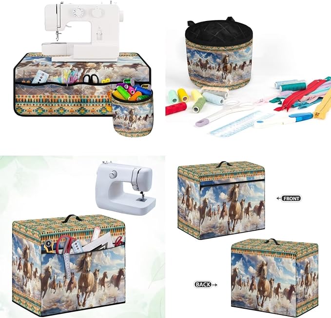 Aztec Horse Sewing Machine Cover & Mat with Storage, Reduces Vibration, Non-Slip, Machine Washable, Dust Resistant - Image 2