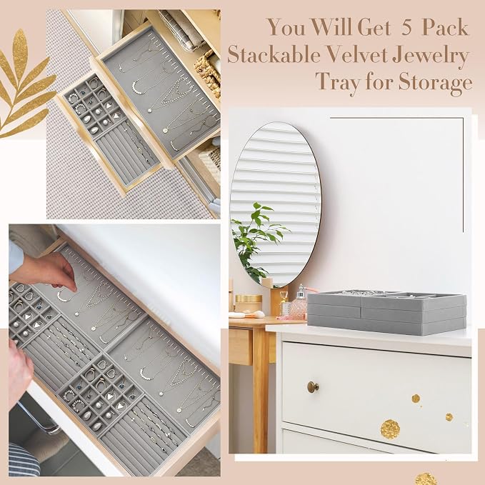 Cinnvoice Set of 5 Stackable Jewelry Organizer Trays for Drawer 14 Inch Velvet Jewelry Drawer Insert Display Storage with Removable Divider for Necklace Earring Ring Watch Bracelet (Gray) - Image 6