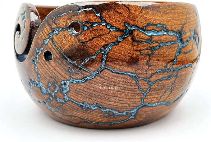 METLUMBER Wooden Yarn Bowl Rosewood Yarn Storage Bowl Holder & Dispenser for Tangle-Free Yarn Perfect Large Knitting & Crochet Bowl Fractal Wood Burning & Resin Artwork - Image 5