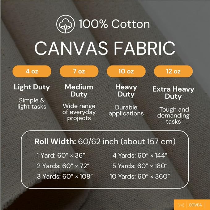 Eovea | Canvas Fabric | Cotton Duck | 100% Cotton | 4oz Lightweight | 60" Wide | Arts & Crafts, Tote Bags, Painting, Embroidery, Lining(4oz,1 Yard) - Image 2