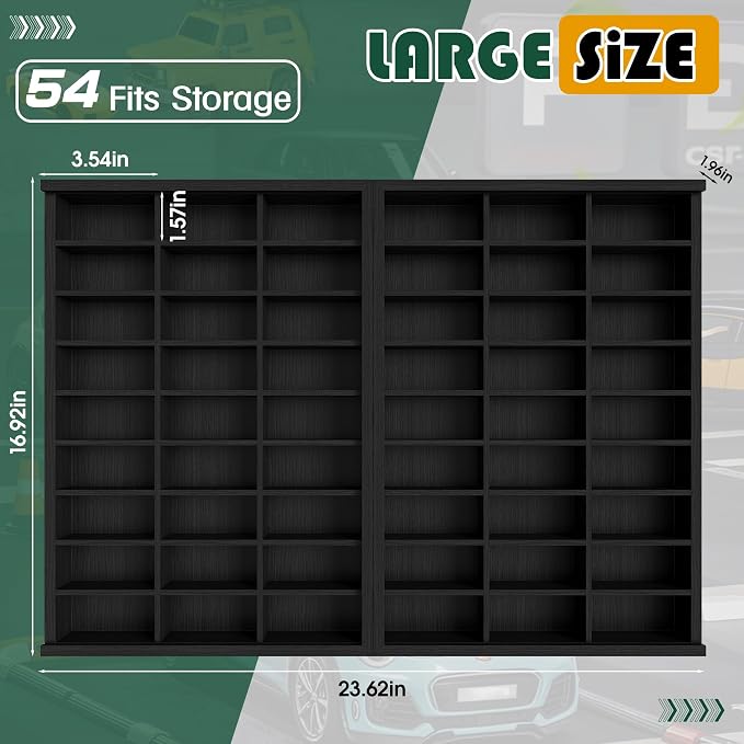 Model Car Display Case 24 x 17 in, Holds 54 Fits 1/64 Scale Toy car Storage Organizer,Wall-Mounted Toy Shelf Display Storage, Collapsible Wooden Box with 2 Acrylic Cover Plates (Only Box - Black) - Image 2