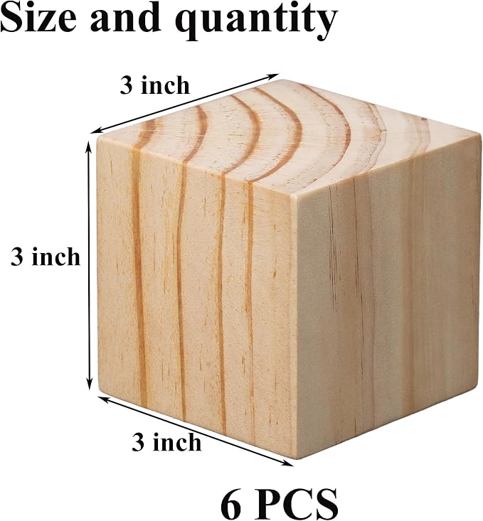 6 Pack Unfinished Wood Blocks 3 Inch - Solid Pine Wooden Cubes for Crafts, Sanded Smooth Natural Wood Squares for Carving, Painting, Engraving & Rustic Home Decor - Image 2