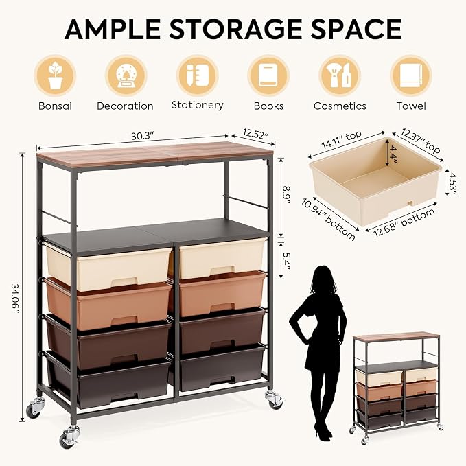 Rolling Storage Cart with 8 Large Drawers, Wooden Tabletop | Open Storage Shelves, Mobile Craft Organizer with Lockable Wheels for Home, Classroom, Office Supplies & Art Studio,Brown - Image 3