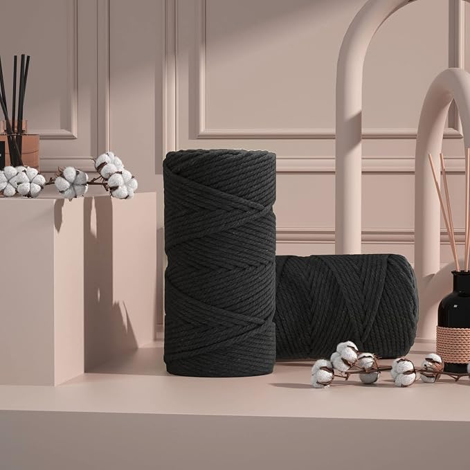 ZUEXT Macrame Cord, Black, 5mm x 109yds Cotton String Macrame Yarn | 100% Natural Handmade, 4 Strands Twisted Cotton Rope, For Wall Hanging Plant Hangers Gift Wrapping Tapestry DIY Crafts, 100m - Image 4