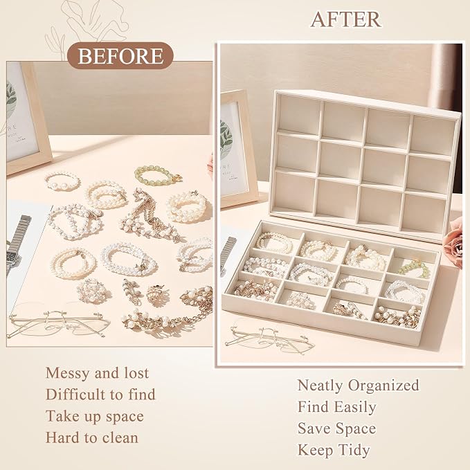 Cinnvoice 4 Pcs Stackable Jewelry Organizer Tray, 12 Grids Velvet Bracelet Ring Necklace Tray, Jewelry Organizer Trays for Drawer Display Selling Bangle Necklace Earring Showcase Storage(Beige) - Image 3