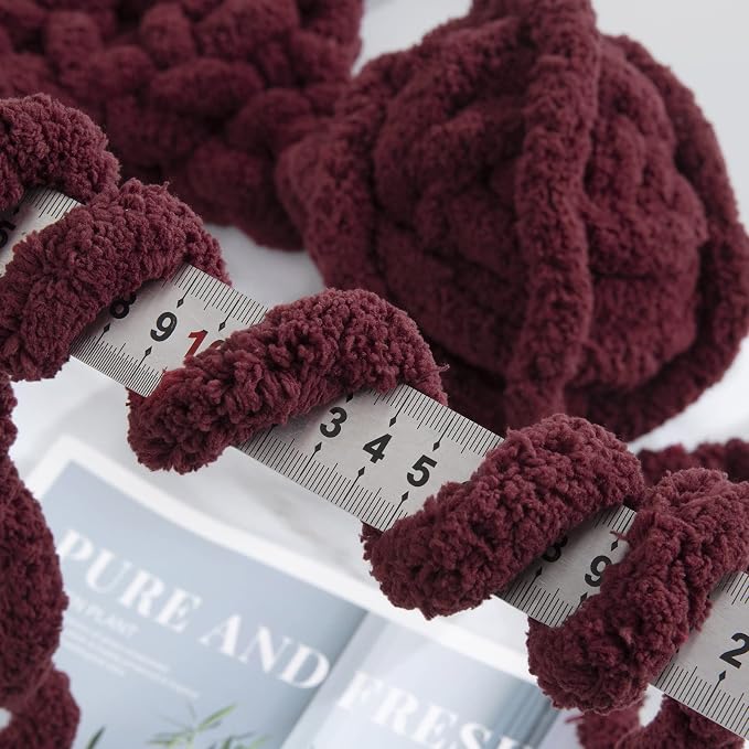 Hombys Wine Red Chunky Chenille Yarn for Crocheting & Knitting, Super Bulky Thick Fluffy Yarn for Hand Knitting Blanket, Soft Plush Yarn, 8 Jumbo Packs (27 yds, 8 oz Each Skein) - Image 4