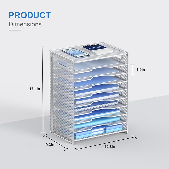 OUTWOLF 10 Tier Paper Organizer - Letter Tray Mesh Desk File Organizer with Handles for Office School Desktop, White - Image 3