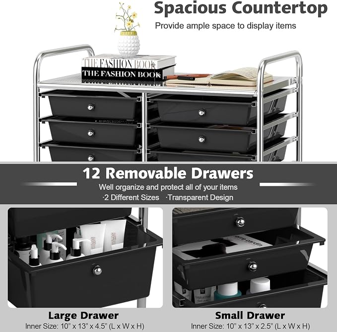 DREAMADE Rolling Cart with Storage Drawers, Utility Cart with Removable Plastic Drawers, Lockable Wheels, Art Cart for Classroom Organization Art Supplies Office Scrapbook (12 Drawers, Black) - Image 4