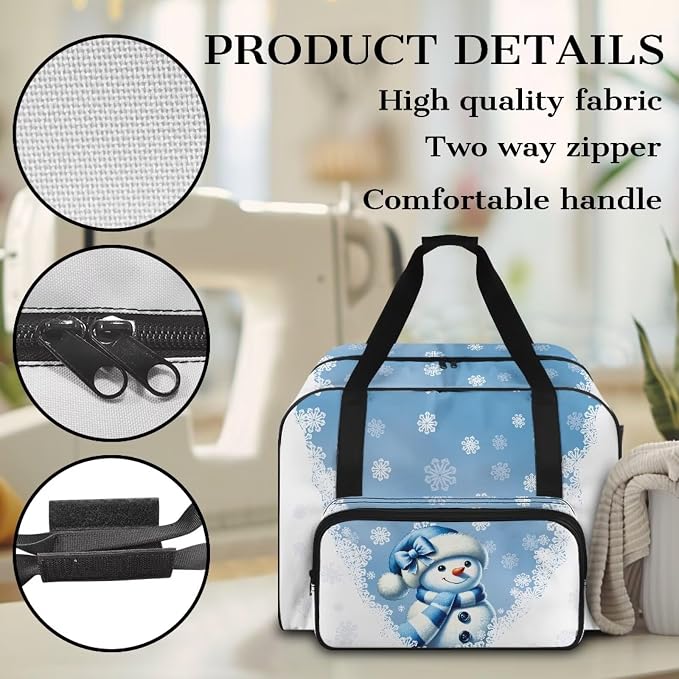 Sewing Machine Carrying Case Universal Appliance Dust Storage Bag Spacious Sewing Machine Accessories Organizer Bag Portable Travel Tote Bag, Snowman Snowflake Blue White - Image 5