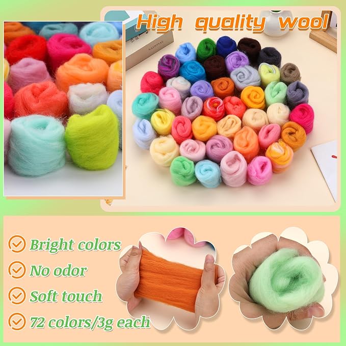 IMZAY Needle Felting Kit, 72 Colors Felting Wool Kit Wool Roving | 149 Pcs Needle Felting Tools for Beginner, Needle Felting Starter Kit with Felting Needles, Pad, Felting Wool for Adult - Image 3