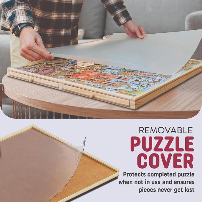 Rotating 1000 Piece Wooden Puzzle Board | 30" x 22" Puzzle Table | 4 Drawers, Protective Cover Included, Portable Jigsaw Puzzle Table for Adults and Kids - Image 3