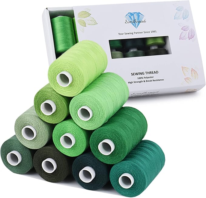 Simthread All Purposes Sewing Thread, 10 Spool Assorted Green Series 1000 Yards Each Bobbin Polyester Thread for Sewing, Handy Polyester Sewing Threads for Sewing Machine - (Natural Green Series) by Simthread