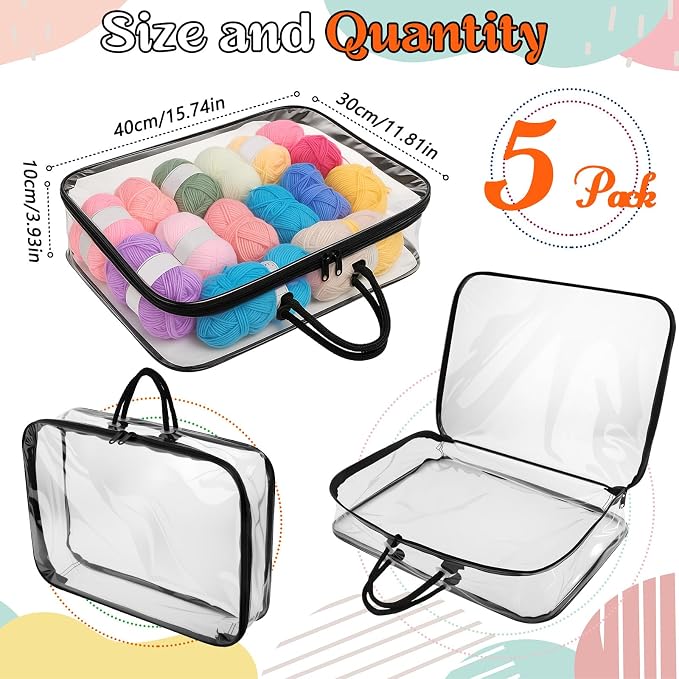 Shinylin 5 Pack Clear Yarn Storage Bags Bulk, 12 x 16 x 4 Inches Yarn Storage Organizer Tote Bag for Knitting Needles Crochet Hooks Wool Balls and Unfinished Project (Black) - Image 2