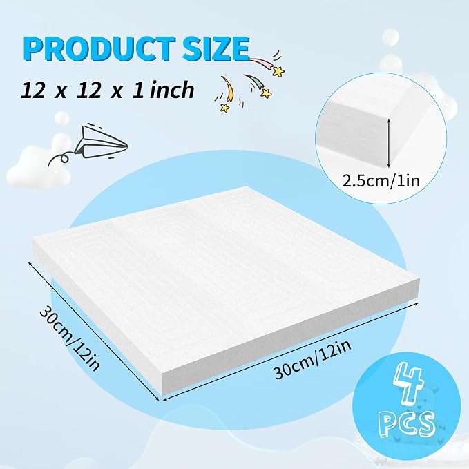 LuckyFoam White 4 Pack 12x12x1 inch Foam Sheets 1 Inch Thick | Polystyrene Rectangles XPS Foam Board Craft for Insulating DIY Modeling Art Supplies - Image 2