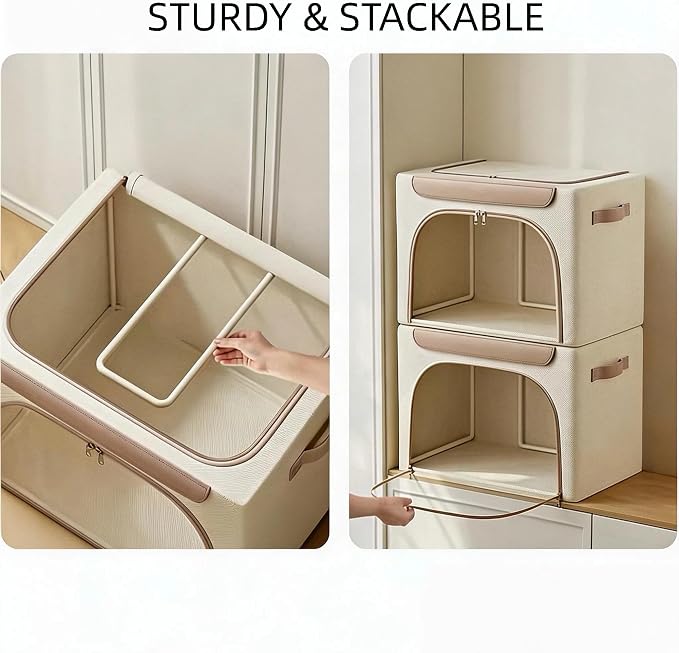 Clothes Storage Bins with Metal Frame&Leather Fringe&Clear Window, Washable Oxford Fabric Bins, , Stackable foldable Closet Organizers Sweater Comforter Storage(3 pcs,Beige,66L) (Double Styles) - Image 5