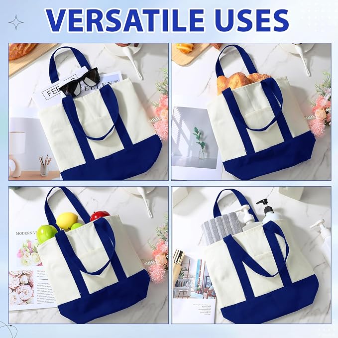 Sanwuta 12 Pcs Mini Canvas Tote Bags Bulk with Pocket Small Sublimation Blank Canvas Tote Reusable Grocery Bag for Women, DIY Craft (Royal Blue) - Image 4