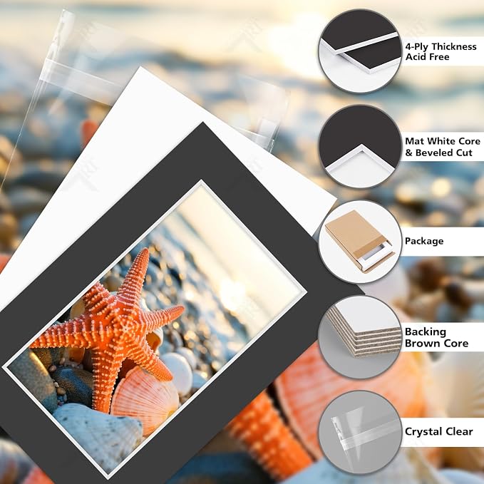 Golden State Art 5 Pack Black Mat 4x6 for 3x5 Photo Matte+Backings+Bags | Acid-Free,4-Ply Thick,Pre-Cut Kit Mattes,White Core,Bevel Cut,For Photos, Pictures,Artwork, Poster or Print Display - Image 3