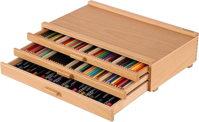 Upgraded 3-Drawer Wood Artist Supply Storage Box with Removable Dividers, Premium Beech Wood Art Storage Box, Portable Organizer Box for Paints, Pastels, Pencils, Brushes and Art Supplies by VISWIN
