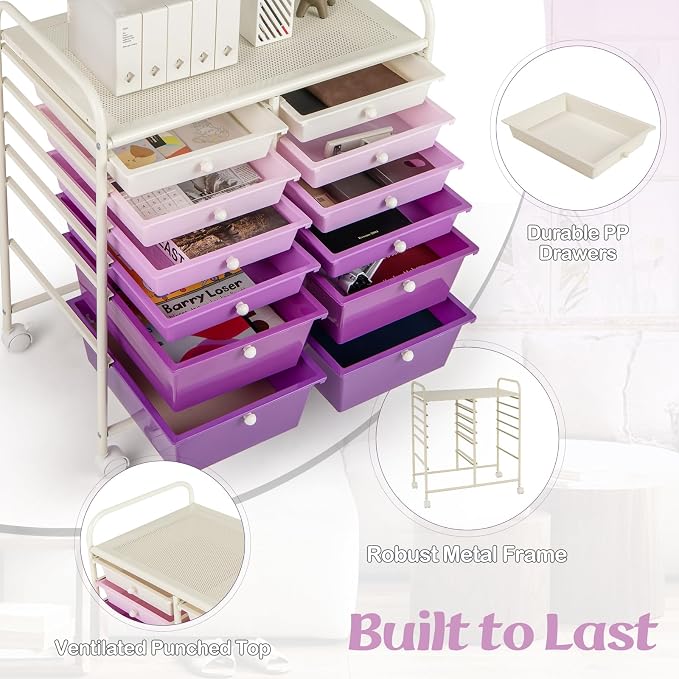 DREAMADE Rolling Cart with Storage Drawers, Utility Cart w/Removable Plastic Drawers, Lockable Wheels, Art Cart for Classroom Organization Art Supplies Office Scrapbook (12 Drawers, Purple Gradient) - Image 6
