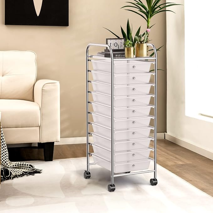 DREAMADE Rolling Cart with 10 Storage Drawers, Utility Cart with Removable Plastic Drawers, Lockable Wheels, Art Cart for Classroom Organization Art Supplies Office Scrapbook Tool Craft (Transparent) - Image 2