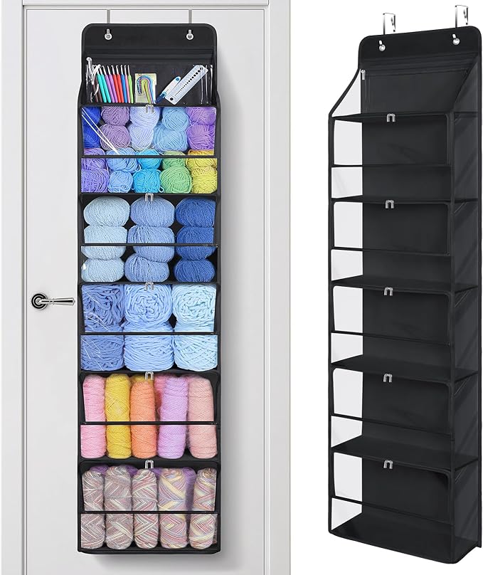 KEEGH Over the Door Hanging Yarn Storage Organizer, Clear Black | 6 Zipper Closure Compartments, Large Capacity Crochet Storage Organizer, Yarn Holder for Knitting Needles, Crochet Hooks by KEEGH