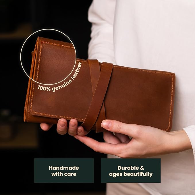 Handmade Artist Pencil Case for Adults Women, Leather Pencil Roll, Artist Gifts, Pencil Wrap Roll Up, Leather Paint Brush Case, Warm Brown - Image 4