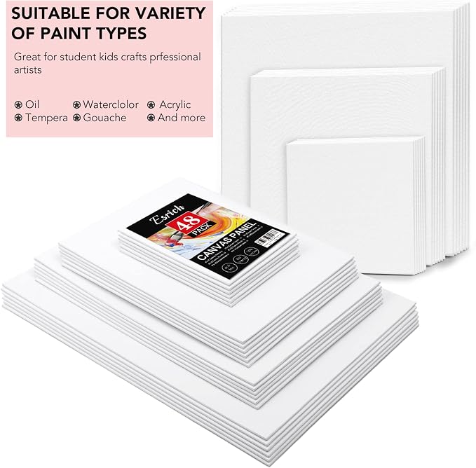 ESRICH 48 Pack Canvas Boards for Painting, 6Pcs of 4x4, 4x6, 5x6, 6x6, 8x10, 10x10, 9x12, 11x14 Canvas for Painting, Cotton Primed Blank Painting Canvas Panels for Oil, Acrylic, Watercolor - Image 2