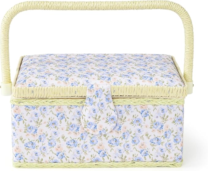 Sewing Basket with Sewing Supplies, Medium Sewing Box for Accessories Storage, Yellow Blue Flower - Image 2