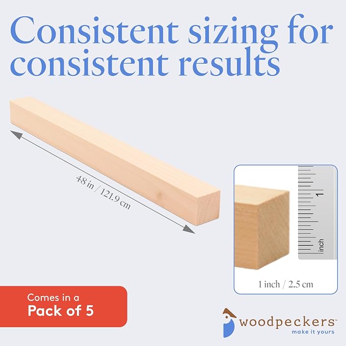 DIY Wooden Square Dowel Rod 1-inch x 48 Pack of 5 Hobby Wood Sticks for Crafts, Wood Trim & Architecture Model Making, by Woodpeckers - Image 5