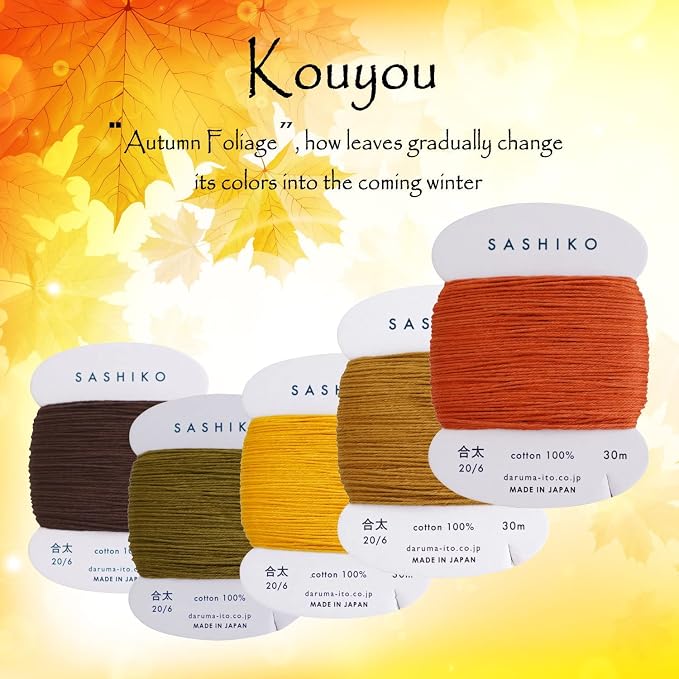 DARUMA Sashiko Thread 100% Cotton Card Type (32.8 yd) x 5 Colors with English Manual, Sewing & Embroidery Value Set with Gift Package(Thick, Kouyou) - Image 3