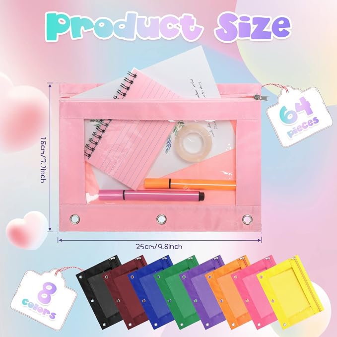 Leinuosen 64 Pack Pencil Pouch Bulk for 3 Ring Binder, Pencil Case with Zipper and Clear Window 8 Assorted Color Storage Bag for Office, Back to School Classroom Supplies - Image 2