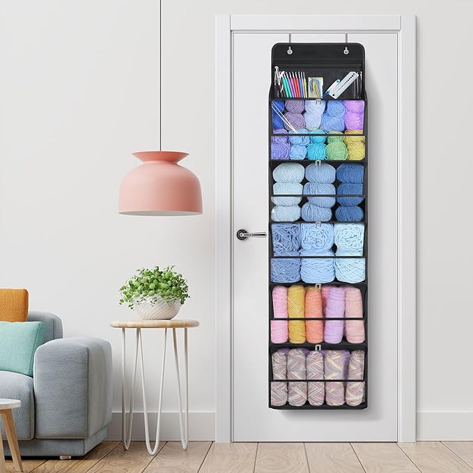 KEEGH Over the Door Hanging Yarn Storage Organizer, Clear Black | 6 Zipper Closure Compartments, Large Capacity Crochet Storage Organizer, Yarn Holder for Knitting Needles, Crochet Hooks - Image 2