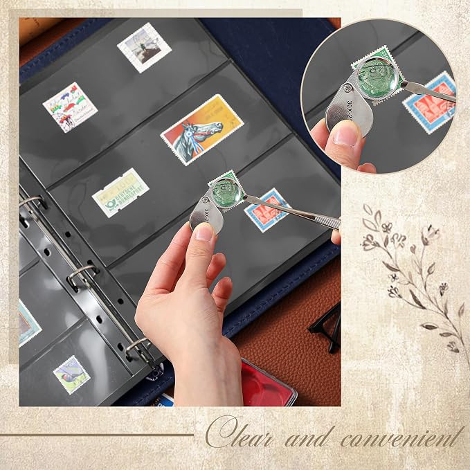 Stamp Collecting Album Binder Kit for Collectors, 1/2/3/4 Rows Banknotes Storage Book with 20 Stamp Pages, 4 Ring Binder, Tweezers and Magnifier, for Paper Money Bill Postage, Beginner Hobbyists Gift - Image 5
