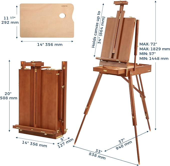 VISWIN French Easel for Painting with Palette, Shoulder Strap & Storage, Adjustable Beech Wood Travel Art Easel Stand, Portable Sketchebox Plein-Air Easel for Adults, Artists, Table Top & Floor Use - Image 2