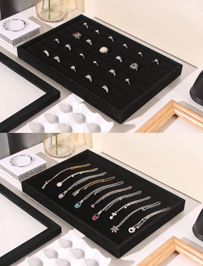 Coward Set of 5 Stackable Jewelry Organizer Tray Necklace Earring Box Storage Ring Bracelet Display Holder (Black(ring+necklace+earring+12grid)) - Image 2