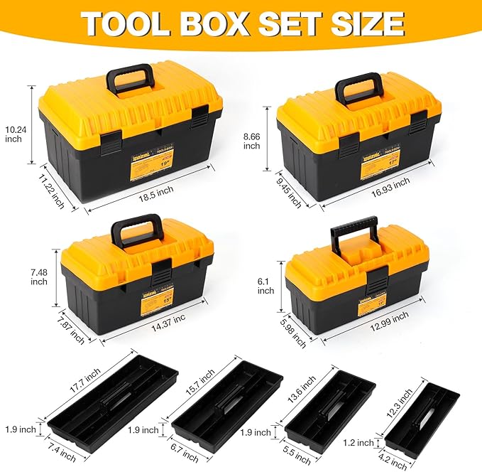 Stackable Portable Tool Box Set, 4 Nested Heavy Duty Boxes, 13-19 Inch | Workshop, Home, Removable Trays, Portable Design, Nesting Boxes, 70% Space Saving, Modular Storage, cajas de herramientas - Image 2